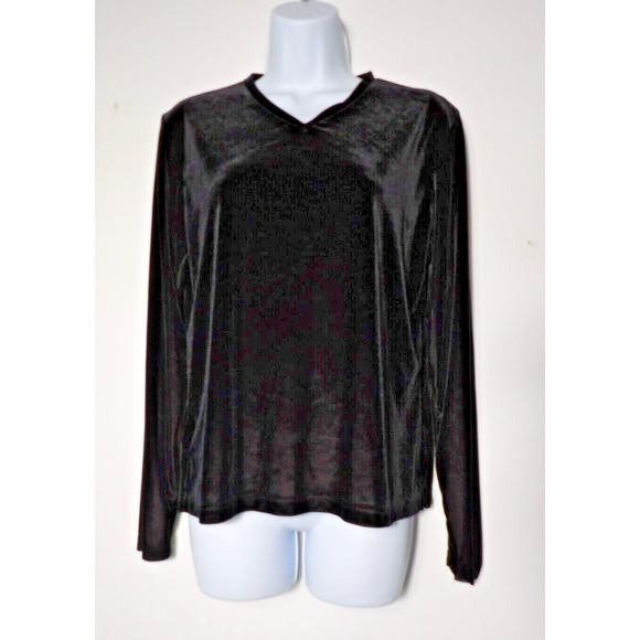 Merona Velvet Velour Shirt Large V Neck Black Long Sleeve Fairy Goth 90s Y2K - Picture 1 of 11